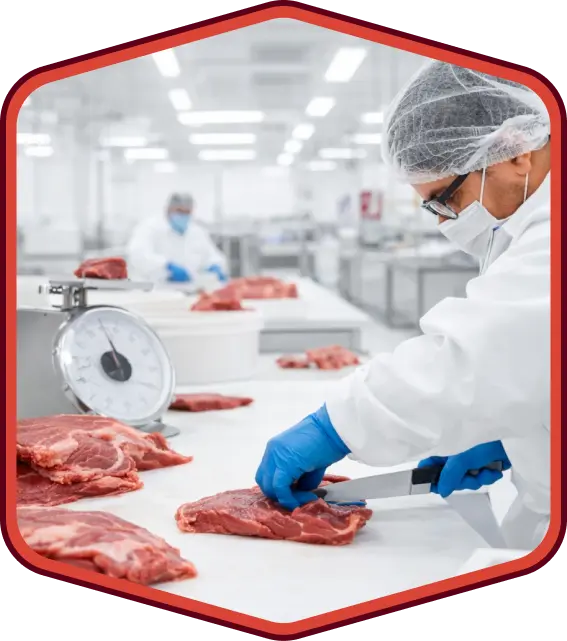 Technician inspecting beef cuts in facility